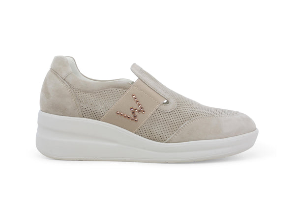 Melluso Slip-on Comfort Camoscio Traforato Logo Strass Zeppa Beige R20255Z-243571